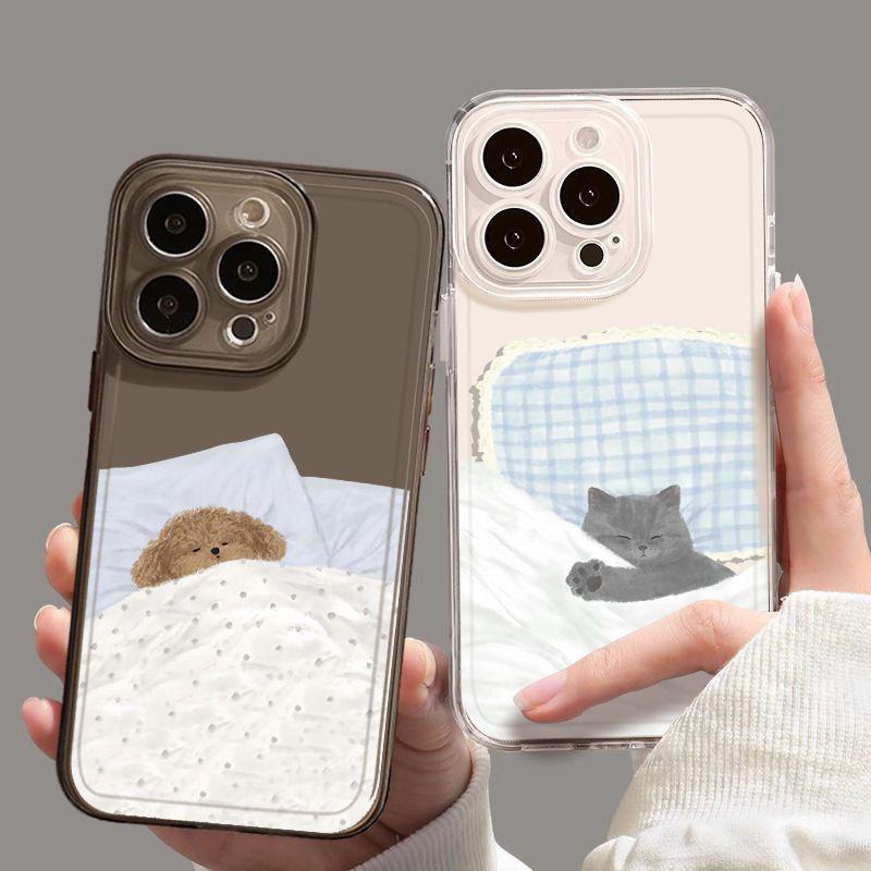 Милый Чехол для Телефона с Спящими Собакой и Кошкой (Пара) Для iPhone 16 15 11 12 14 13 Pro Max Mini XSM XR 7 8 Plus Кавайный Мультяшный Животный Чехол
