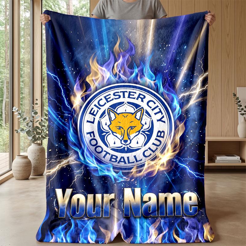 Leicester City Custom Name Text Flannel Blanket Soccer Logo Personalized Fleece Throw Blanket Special Gift For Sofa Bedroom Home