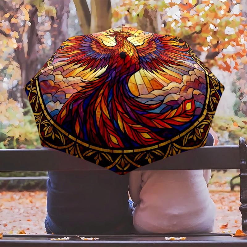 Phoenix Stained Glass (6) Printed umbrella windproof folding umbrella portable sun and rain umbrella suitable for gifting