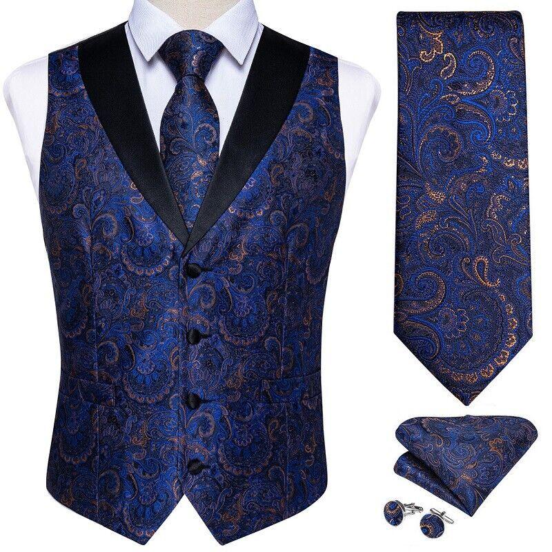 Dibangu Silk Suit Vest for Men Black Gold Jacquare Waistcoat Necktie Hanky Cufflinks 4pc
