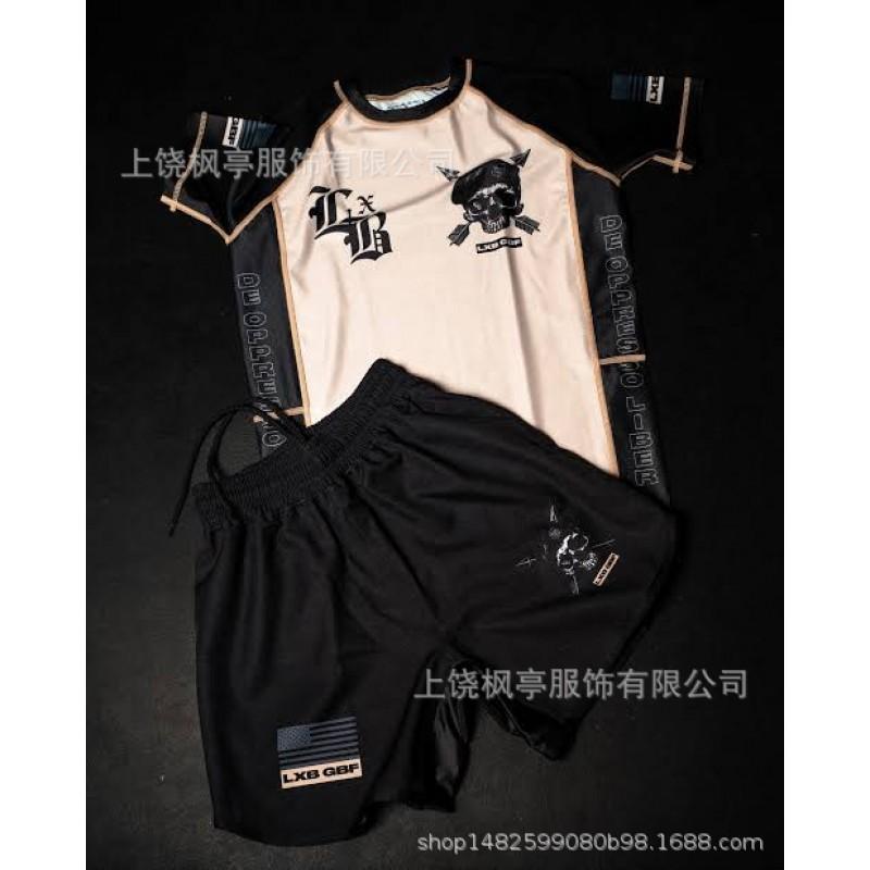 Mens Wrestling Sport Short Sleeve T-Shirt Shorts Set Training Youth Athletic Wear