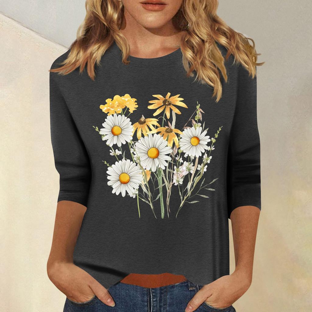 Women's Fashion Casual Printed Seven Sleeve Round Neck Top