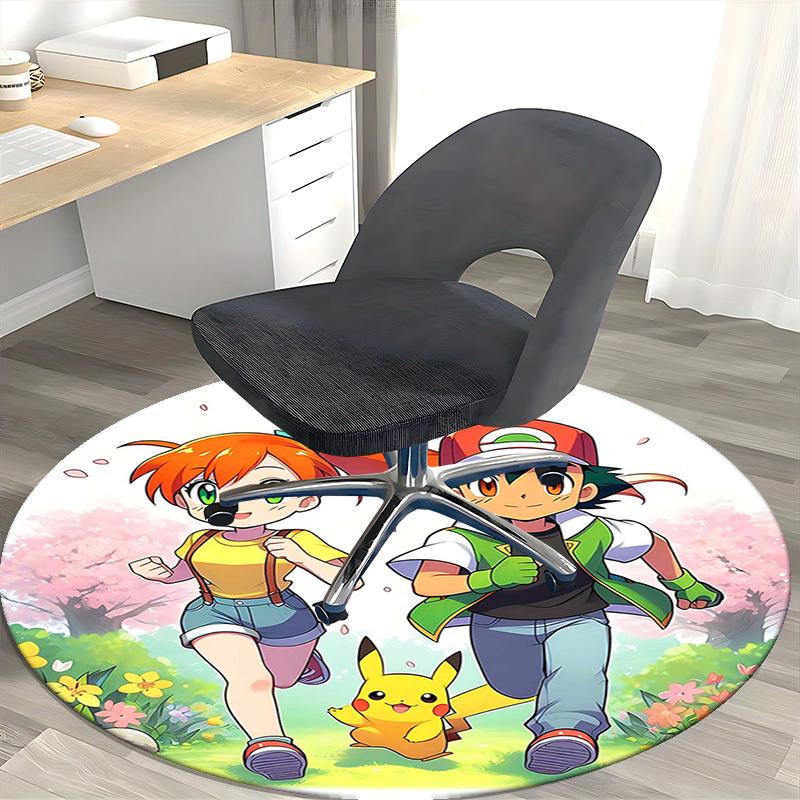 1 шт. Круглый ковер Pokémon Пикачу и друзья - Аниме-дизайн, Коврик под офисное кресло, Нескользящий ковер, Сезонный подарок, Подходит для домашнего декора, Гостиной