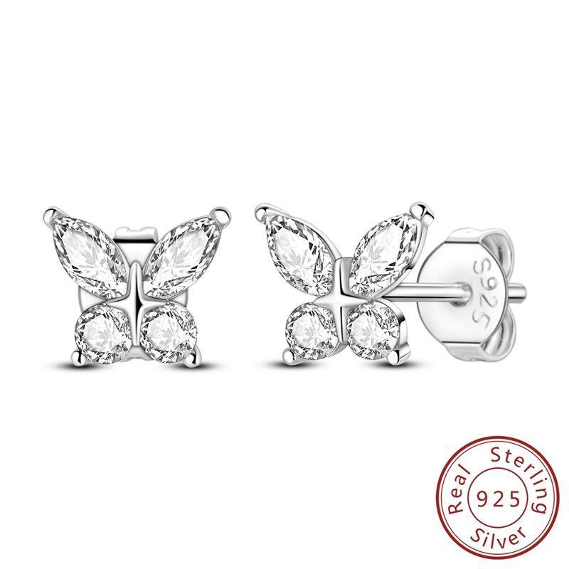 Earrings 925 Silver Shining Snowflake Mini Butterfly Ear Studs For Women Fine Birthday Party Jewelry Gifts