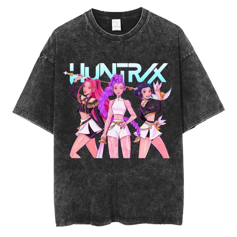 Стирка Kpop Аниме Охотник на демонов Huntrix Девушки Футболка Каваи Милая Модная Унисекс Футболки Оверсайз Винтажная Футболка