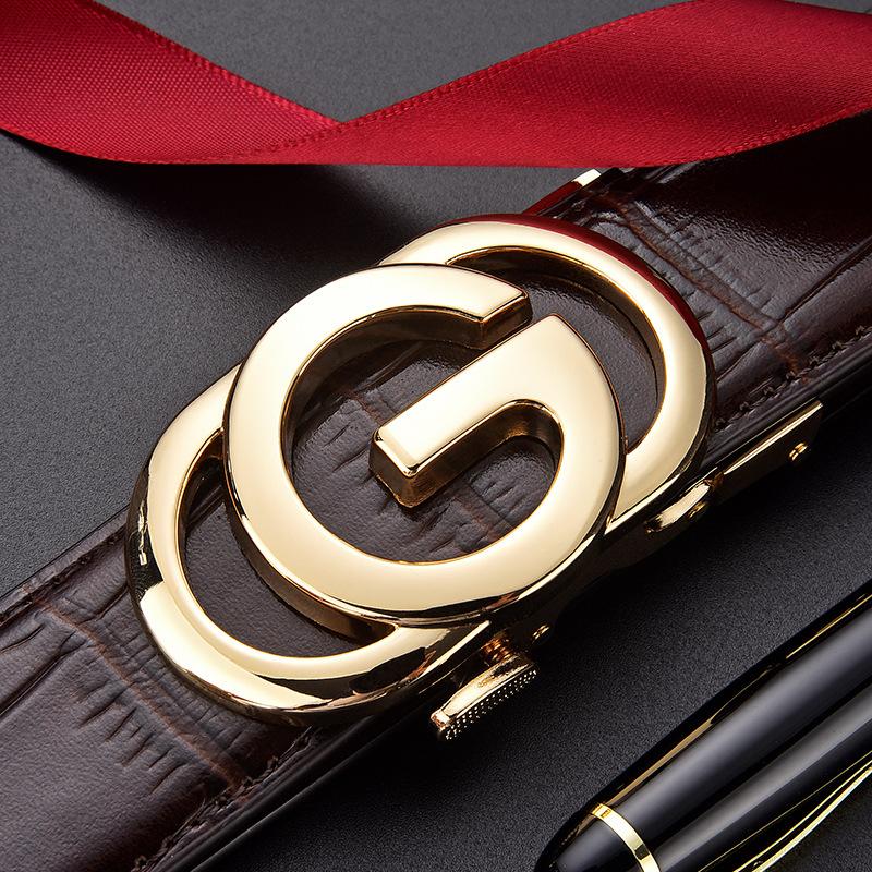 Male Alligator Pattern Leather Belt Imitation Steel Alloy Large G Letter Automatic Buckle, Light Luxury