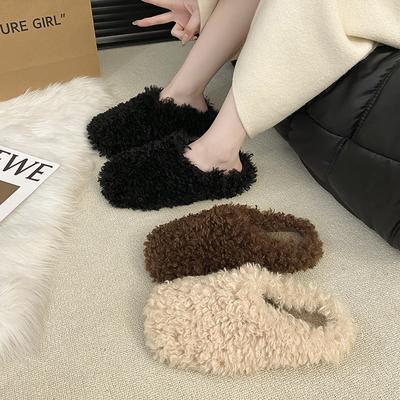 Большие толстоподошвенные тапочки с кудрявым мехом для женской осенне-зимней носки 2025 новая корейская версия тапочки-полуноски с головой-маффином