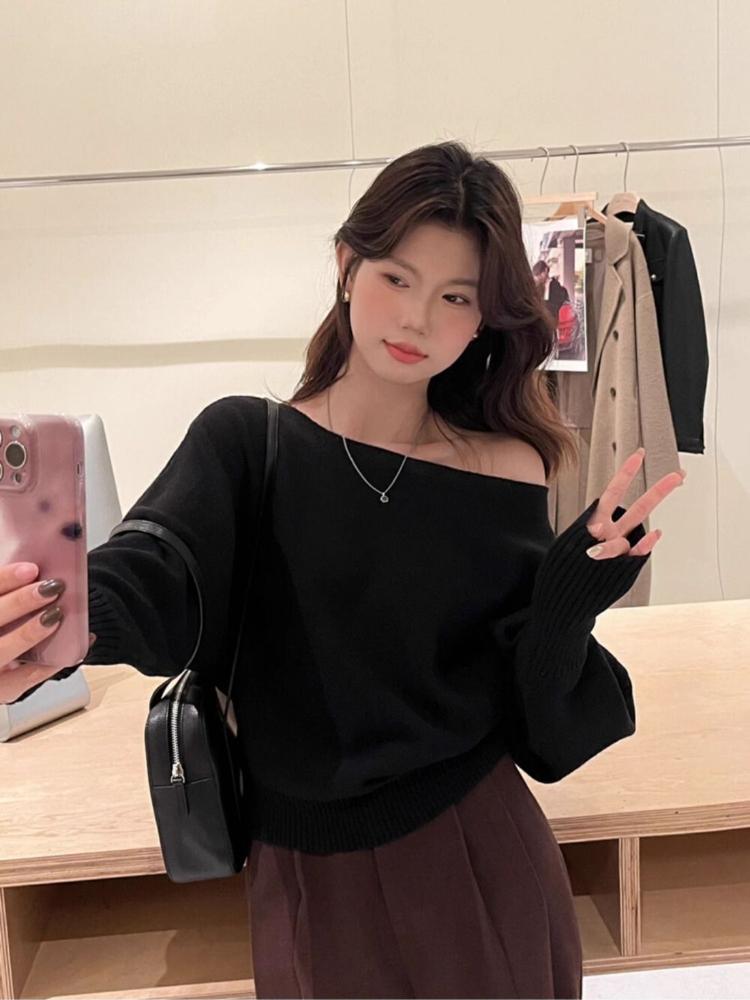 Женский сексуальный мягкий восковой свитер с открытыми плечами, осенний корейский модный новый однотонный повседневный пуловер серо-черного цвета, одежда