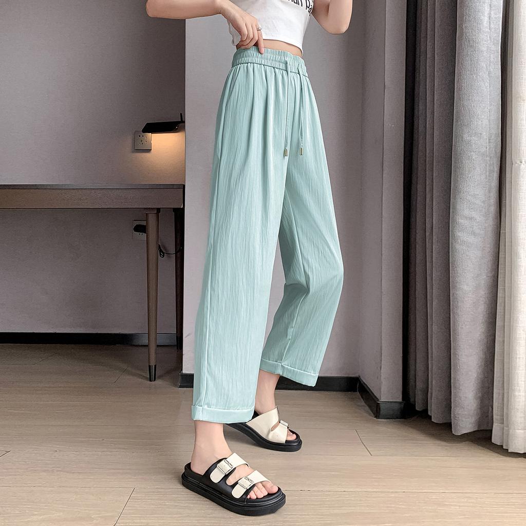 Women's Summer New Thin Loose Wide-legged Trousers Small High Waisted Elastic Nine-minute Trousers Ice Silk Straight Casual Trousers