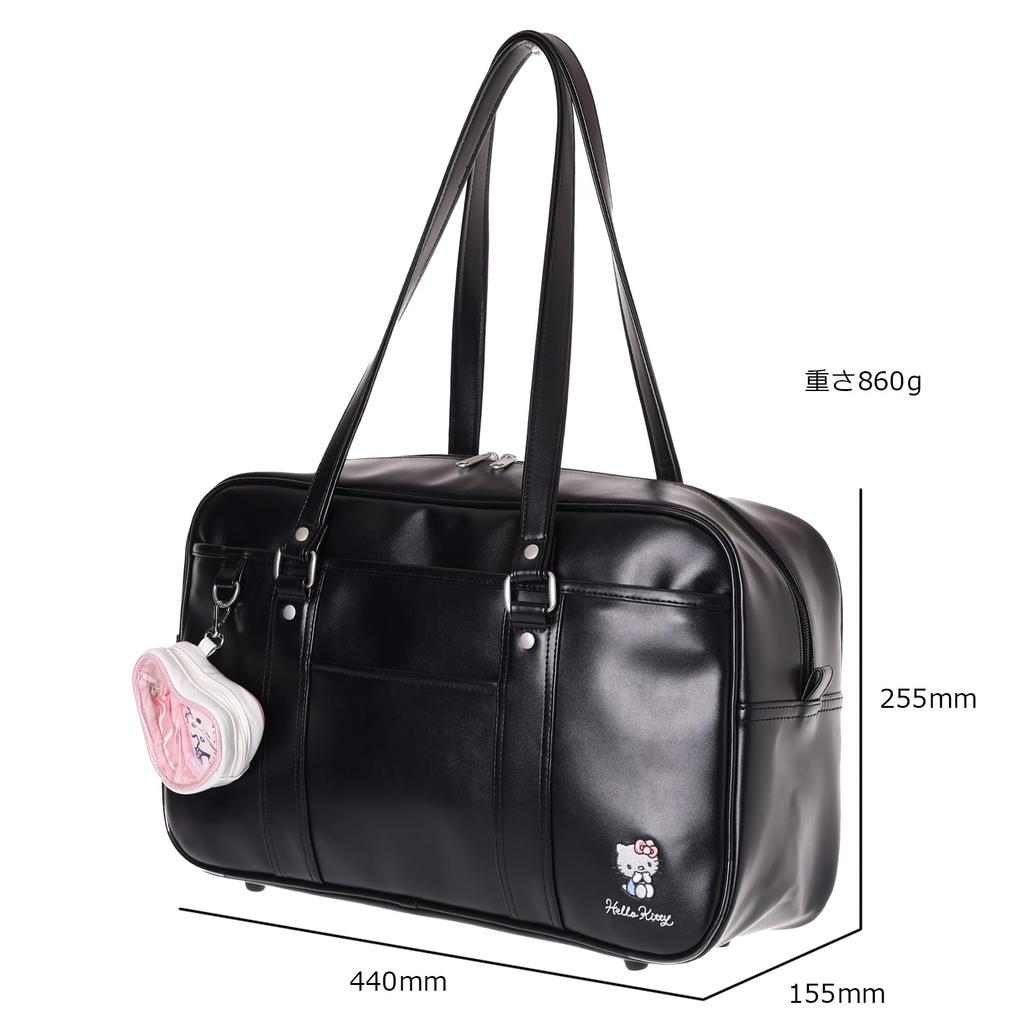 Sanrio Synthetic Leather School Boston Bag with Heart Pouch (Kitty-Black)