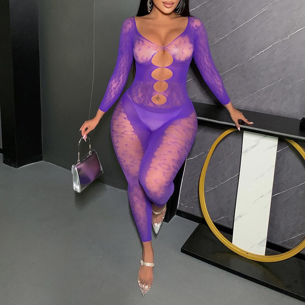 Sex Underwear Long Sleeve Rose Red Halter Jacquard Mesh Sexy Hollow One-Piece Tights