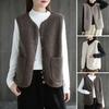 Fall Winter Women Vest Coat V Neck Fleece Single-breasted Double Pockets Sleeveless Cardigan Solid Color Daily Wear Office Waistcoat