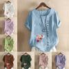 Women's Fashion Round Neck Short Sleeve T-shirt Casual Cotton Linen Graphic Shirt Leisure Loose Flower Prined Summer Blouse Tops Plus Size