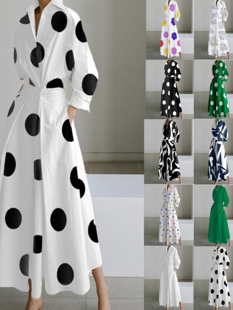 V Collar Print Flower Belt Dress High Waist Elegant Shirt Dress for Women Long Sleeve Loose Dresses Causal Dress