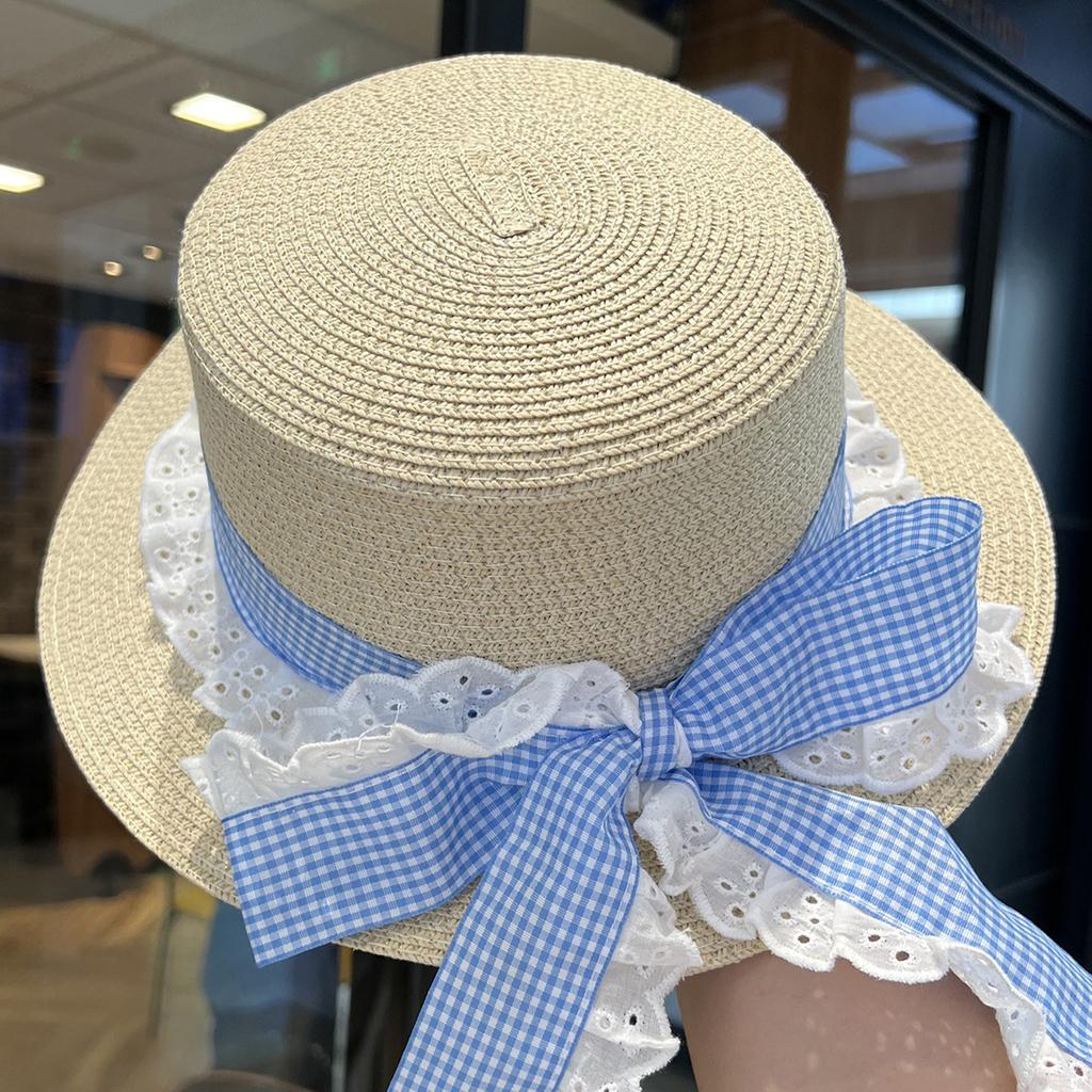 Spring And Summer New Women's Lace Bow Ribbon Flat Top Hats With Wide Eaves Outdoor Beach Shading And Sun Protection Straw Caps