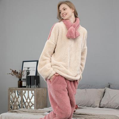 Пушистый пижамный комплект для женщин, мягкий флисовый пуловер, комплект из 2 предметов, домашняя одежда с шарфом, зимний плюшевый теплый комплект для сна