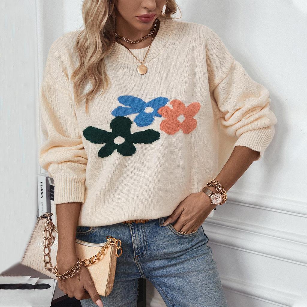 Autumn Winter Vintage Loose Long Sleeve Top Print Cardigan Knitwear O-Neck Sweater