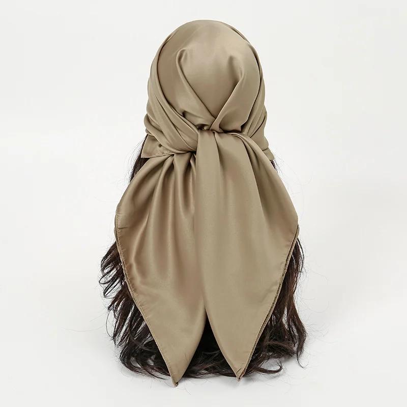 Plain Silk 90 Square Scarf Satin Headband For Muslim Woman Hijabs Wraps Fashion Hair Scarf Casual Islam Turban Female Bandbana