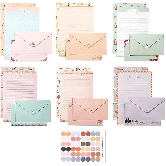 37 Pcs Stationery Paper Envelopes Set Includes 24 Lined Writing Paper & 12 Envelopes with 48 Round Stickers, Cute Bear Flower Cat Letter Writing and