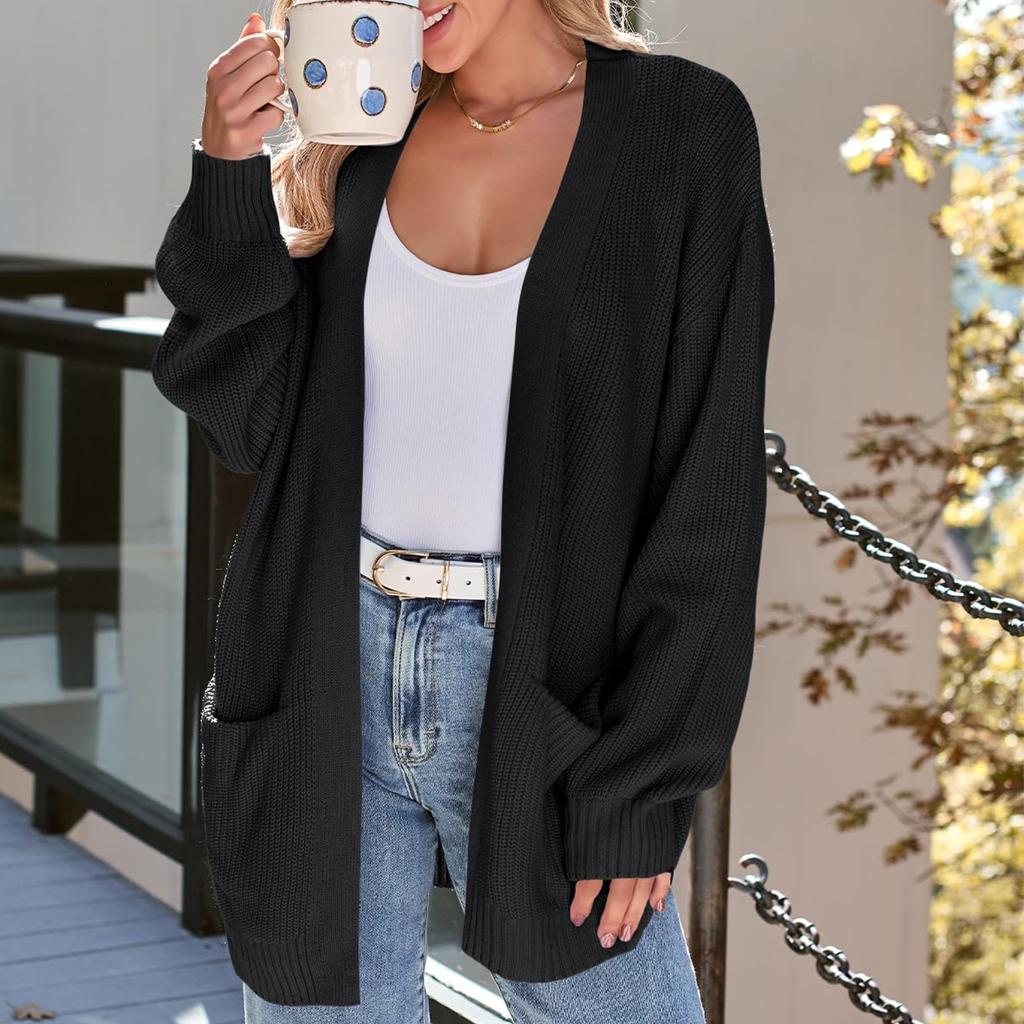 Женский кардиган, вязаный свитер, открытый спереди, повседневный, с длинным рукавом, легкие кардиганы с карманами