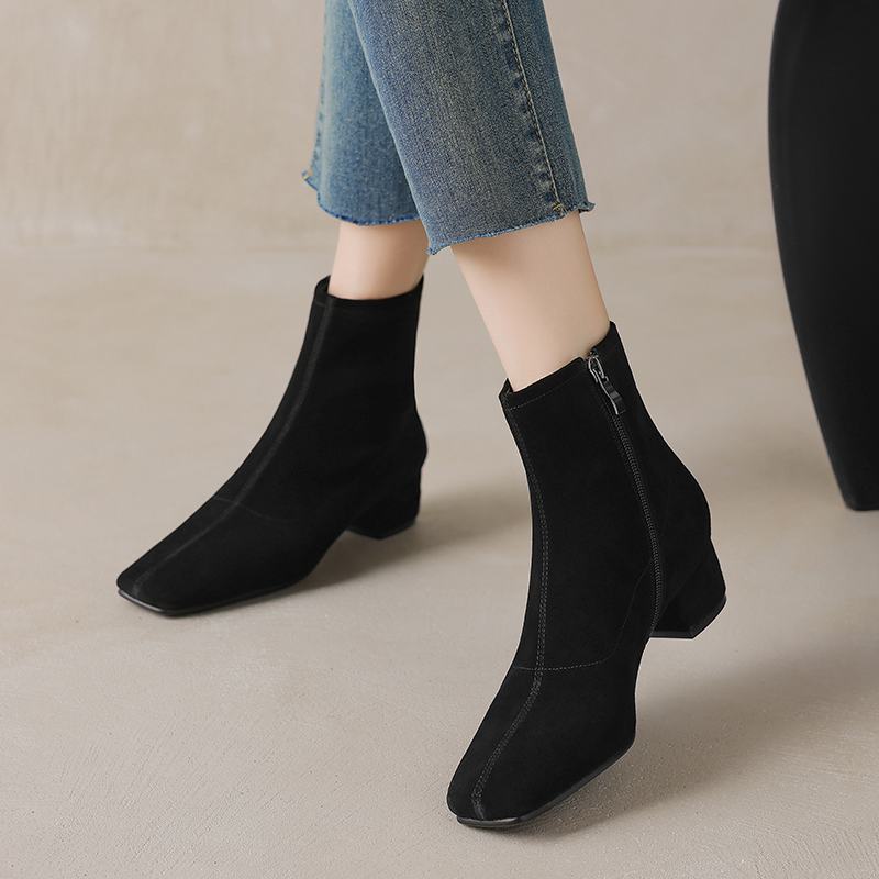 Krazing Pot Cow Suede Winter Med Heels Chelsea Boots Square Toe Women Zipper Size 43 Ankle Boots