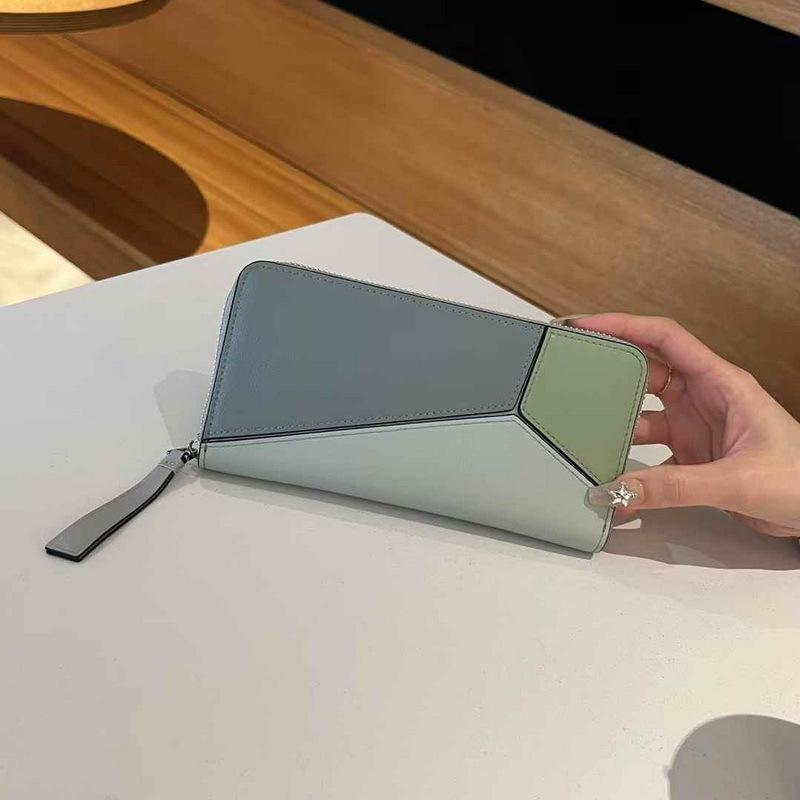 2025 New Genuine Leather Wallet For Women's Handheld Wallet Long Simple Color Contrasting Geometric Splicing Single Zipper Women's Money
