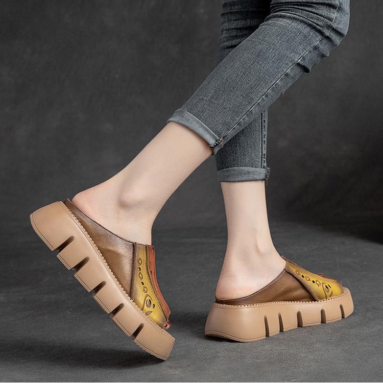 Genuine Leather Thick Soles Sandals Women Retro Wedges Slides Comfortable Outdoor Platform Slippers