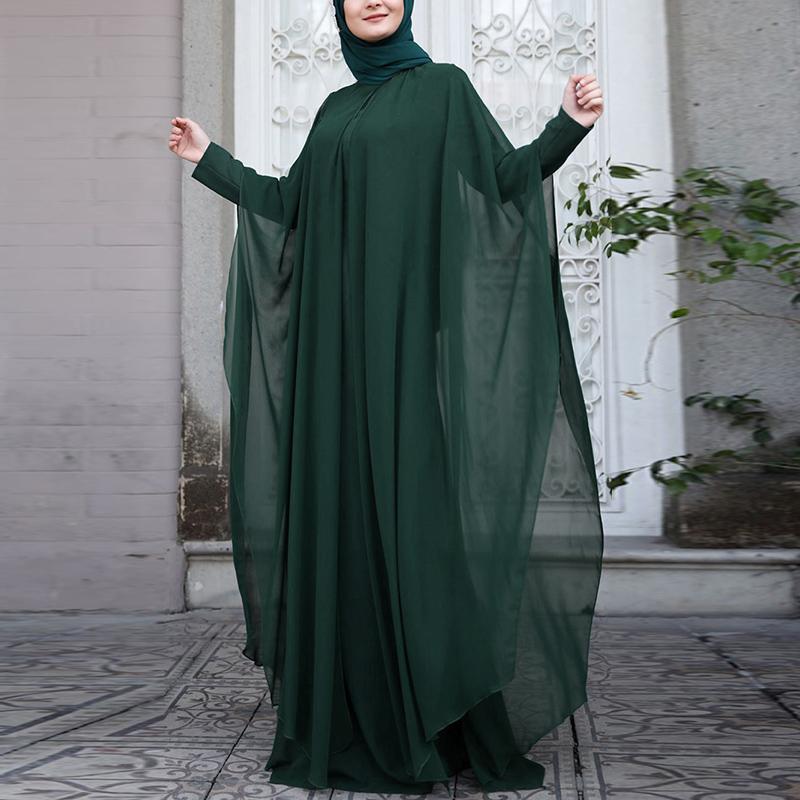ZANZEA Muslim Women Prayer Dress Women O-neck Batwing Sleeve Chiffon Long Dress Abayas Islamic Clothes