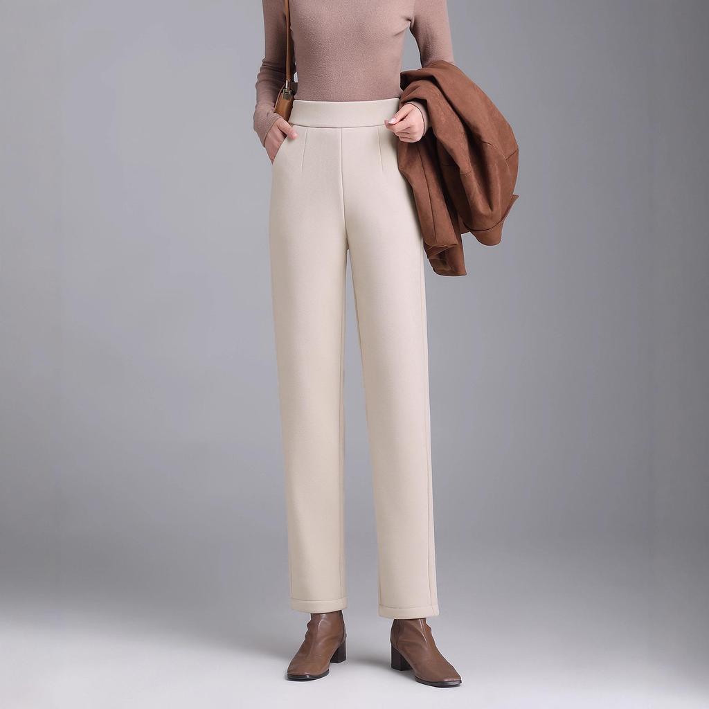 Women's High-Waisted Wool Cigarette Pants - Autumn/Winter, Warm, Versatile, Casual, Plus Velvet & Thickened.