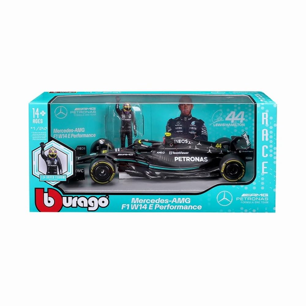 Bburago 1/24 Scale Mercedes-AMG Petronas F1 Team W14 (2023) E-Performance No. 44 with L. Hamilton Figure (Window Box) - Finished Model (BUR28037H)