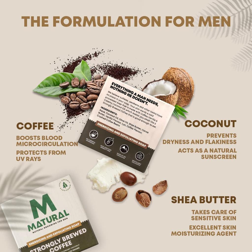 Полностью натуральное твердое мыло ручной работы Matural для мужчин, крепко заваренный кофе с пользой кофе, ванилью и сливочным кокосом - 120 г