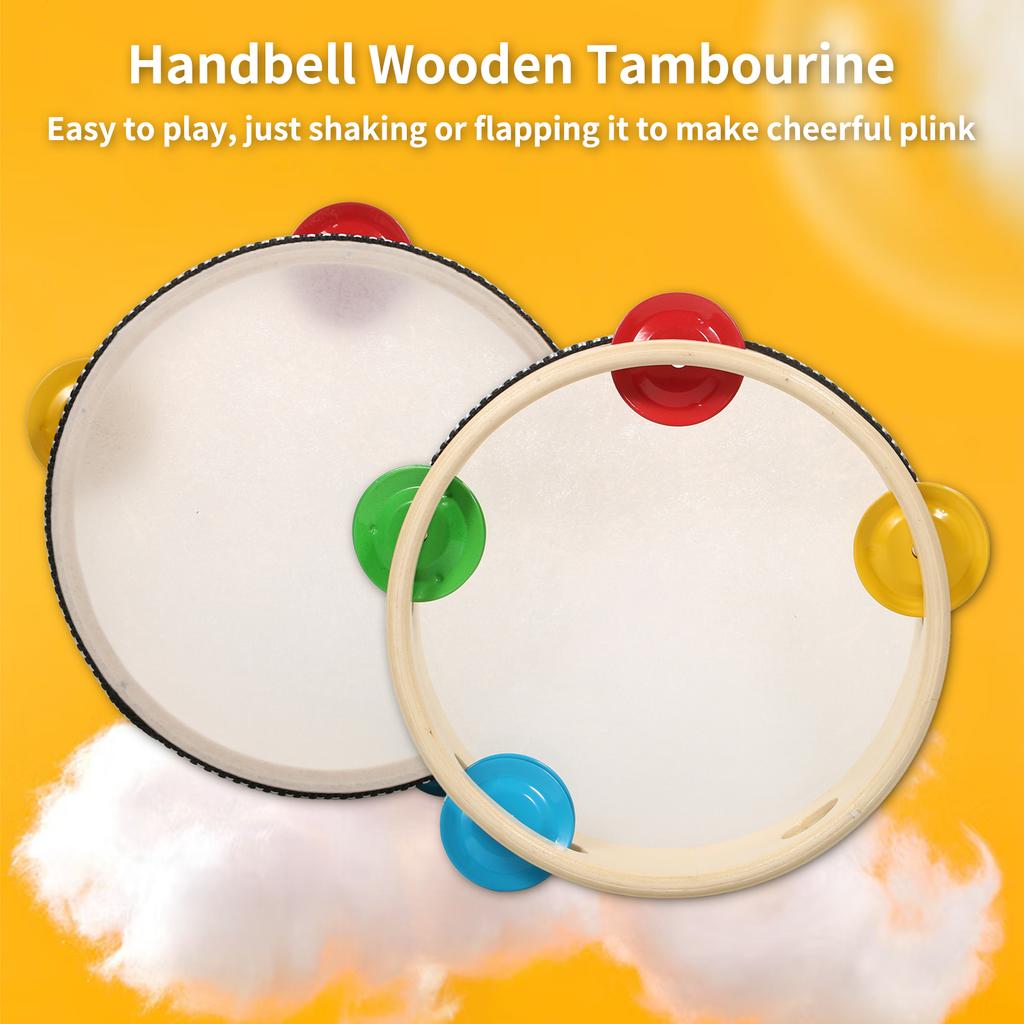 6 Inch Wooden Tambourine Handbell Hand Drum with Single Row 4pcs Metal Cymbals Jingles Musical Percussion Instrument