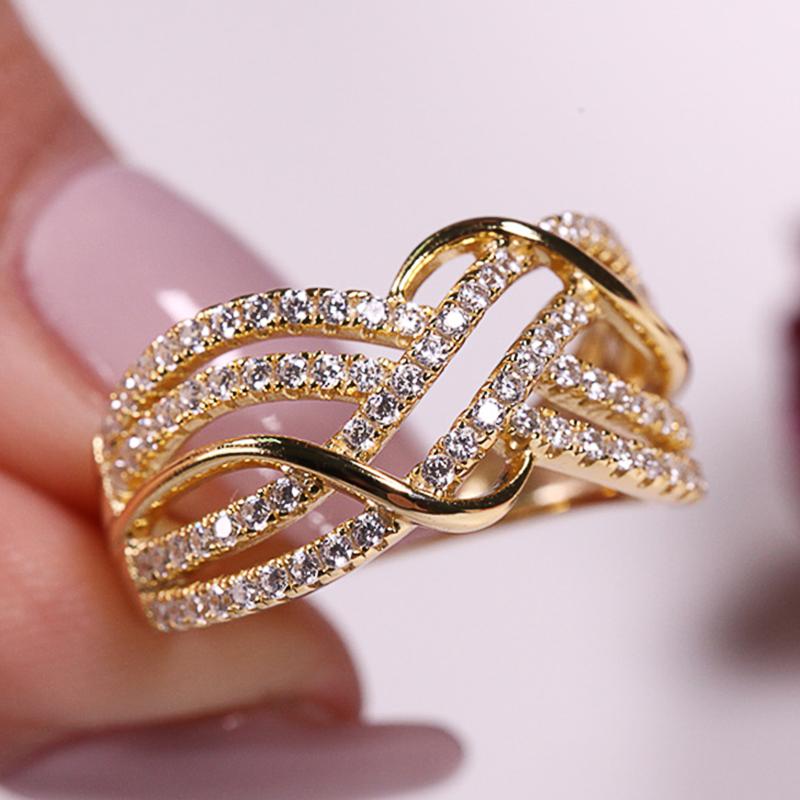 Huitan Trendy Cross Rings Women Wedding Bands Accessories with Dazzling CZ Twist Modern Fashion Female Jewelry