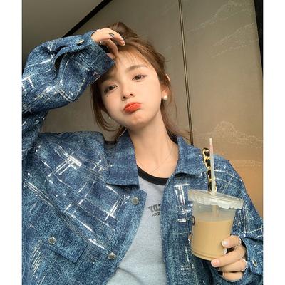 Женская джинсовая куртка с пайетками, стильные лацканы, модная однобортная, свободная, омолаживающая и универсальная