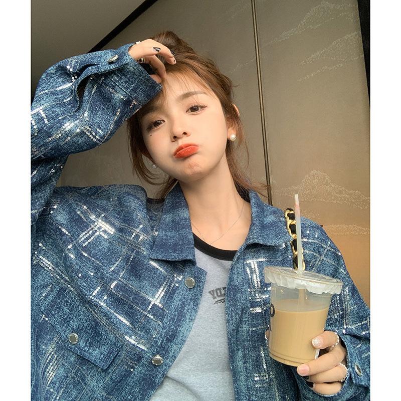 Женская джинсовая куртка с пайетками, стильные лацканы, модная однобортная, свободная, омолаживающая и универсальная