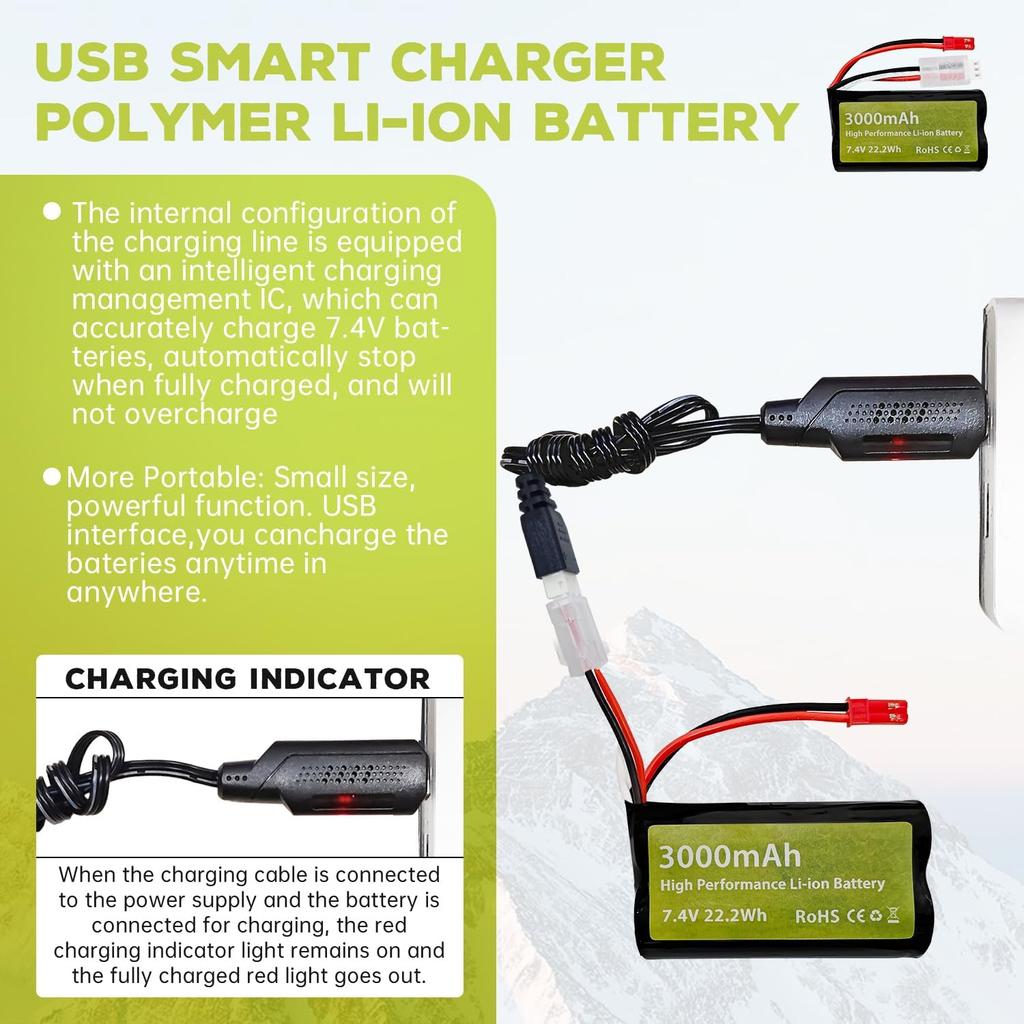 7.4V 3000mAh 15C 2S Li-ion Battery with JST-2P Plug and USB Charging Cable – for UDIRC UD1601 UD1602 SG1603 RC Car 1/10 1/12 1/16