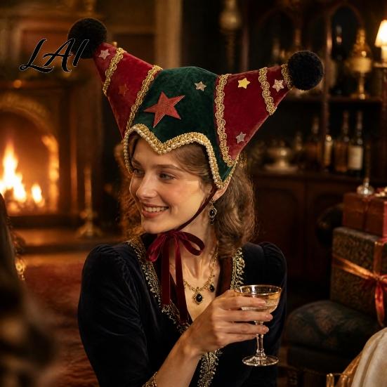 Holiday Photo Booth Decorations Christmas Jester Hat Velvet Star Clown Hat with Gold Trim Pom Decorative Stage Performance Poms Adjustable