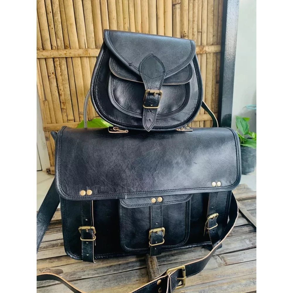 Genuine Vintage Black Leather Messenger Bag Shoulder Laptop ( Gift For Girlfriend BAG Size - 9 X 7 X 3 In )