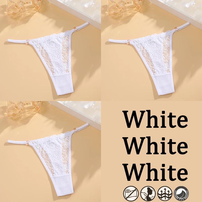 3PCs Low Waisted G-String Women American Lace Lady Cotton-Back Breathable Sheer Thin Strap Metal Thong