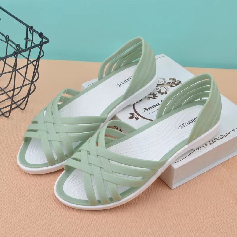 Летние женские сандалии с открытым носком, новые сандалии-желе на плоской подошве с кристаллами, женские нескользящие пластиковые сандалии для пляжа