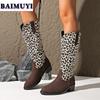 Мода Леопардовые туфли на среднем каблуке Женская обувь Сапоги до середины голени 2025 года Тенденция Дизайнерские гладиаторы Массивные ботинки в стиле вестерн Новые туфли-лодочки Челси Botas Mujer