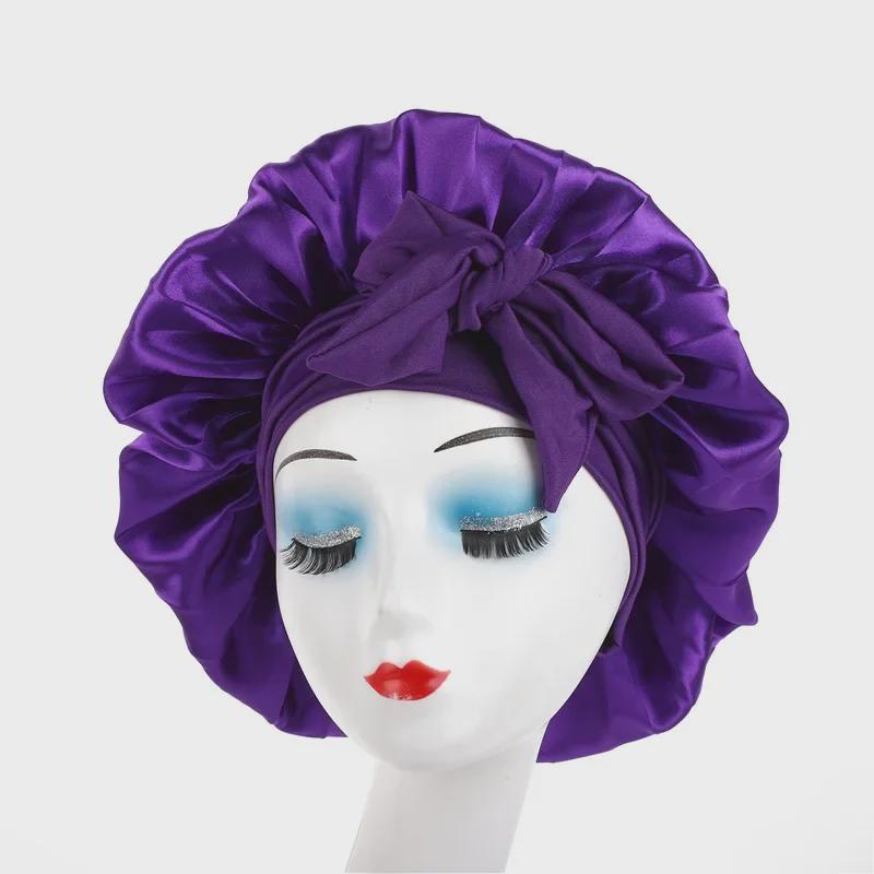High Elastic Satin Nightcap with Wide Brim & Bow for Salon Hair Care