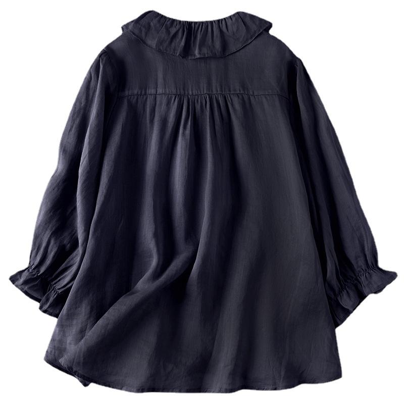 Летняя свободная однотонная хлопково-льняная рубашка с кукольным вырезом и рукавами 3/4, женская блузка