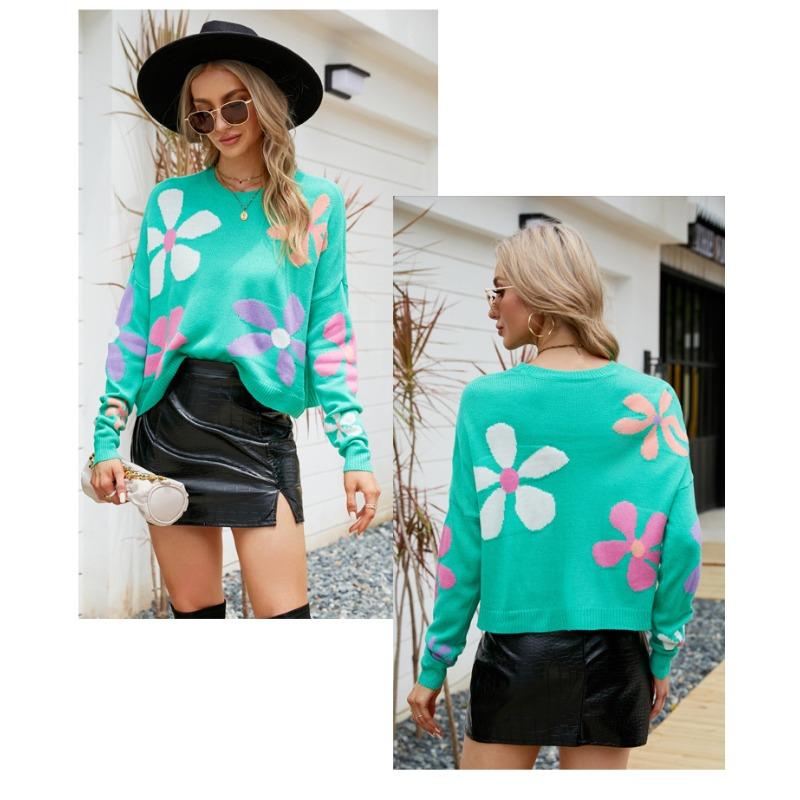 2024 Женский цветочный сладкий пуловер свободный свитер с длинными рукавами и круглым вырезом милый повседневный универсальный вязаный топ
