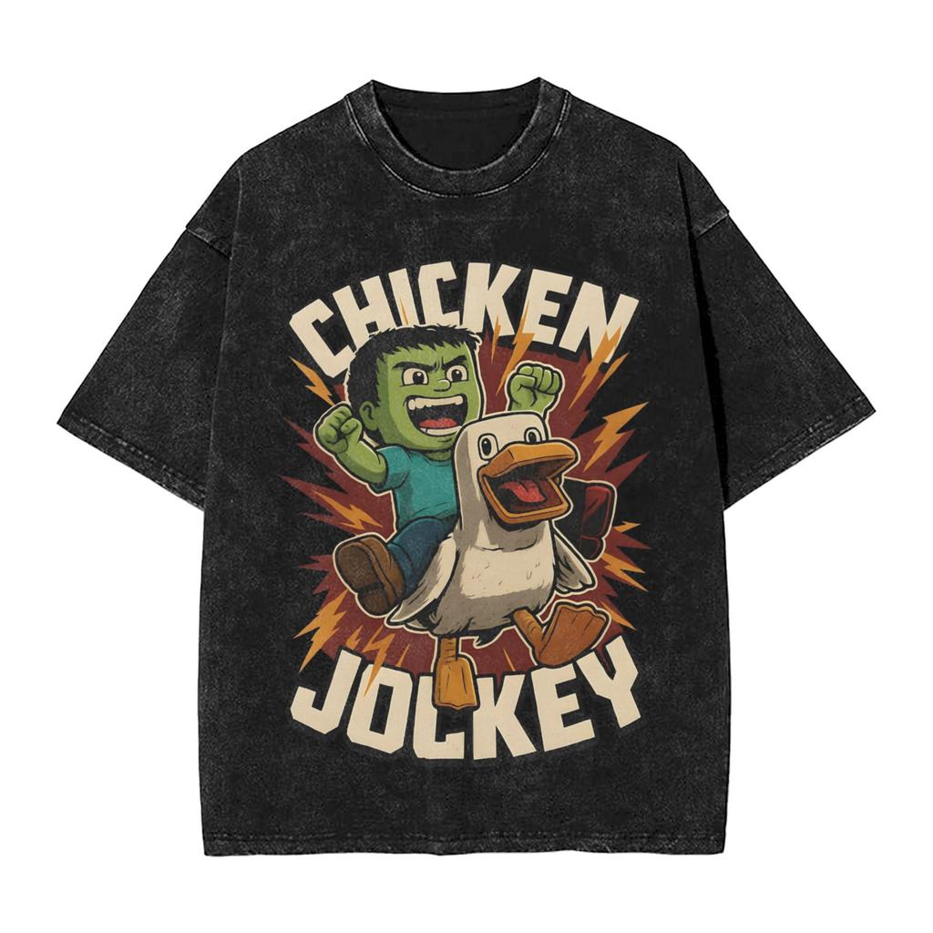 Zombie Game Chicken Jockey MC Printed T Shirts Funny Cartoon Graphic TShirt Short Sleeve Oversize Tees Men Women Clothing