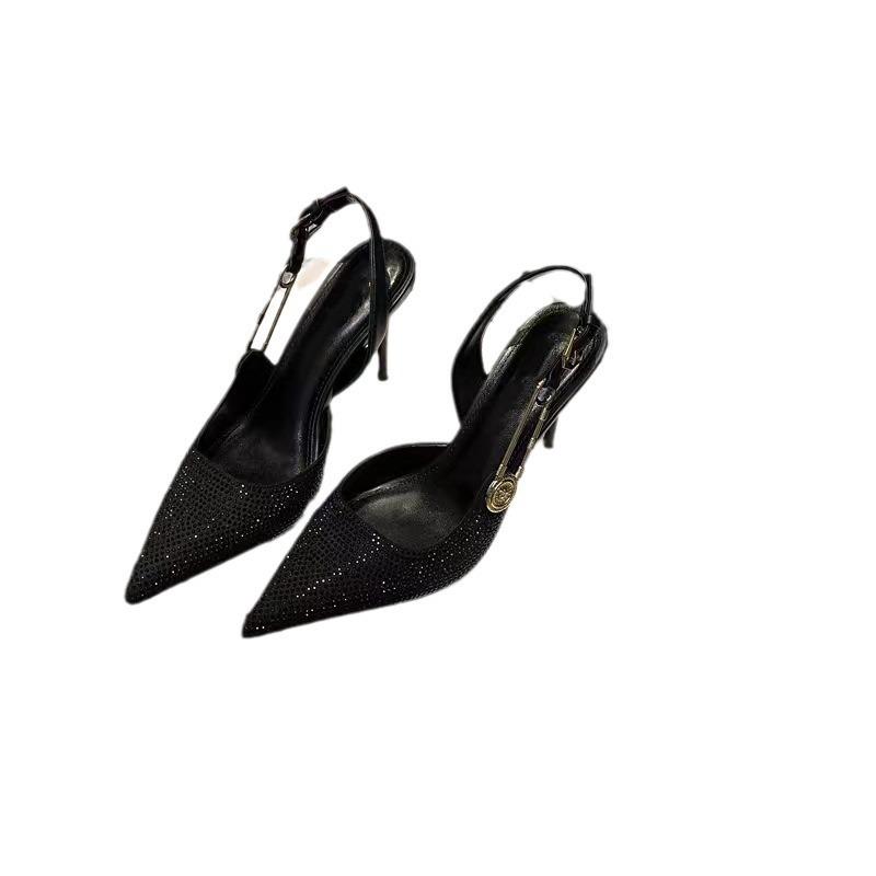 Black high heels women's summer 2024 new sexy rhinestone pointed one-word buckle bag head shallow mouth sandals women