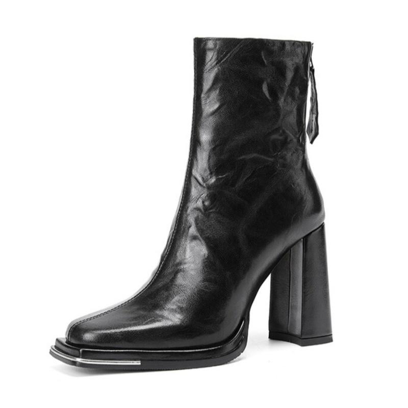 Женские ботильоны на высоком каблуке, модные кожаные туфли с квадратным носком, зимняя трендовая обувь для офиса 2025 года, элегантные массивные ботинки для женщин