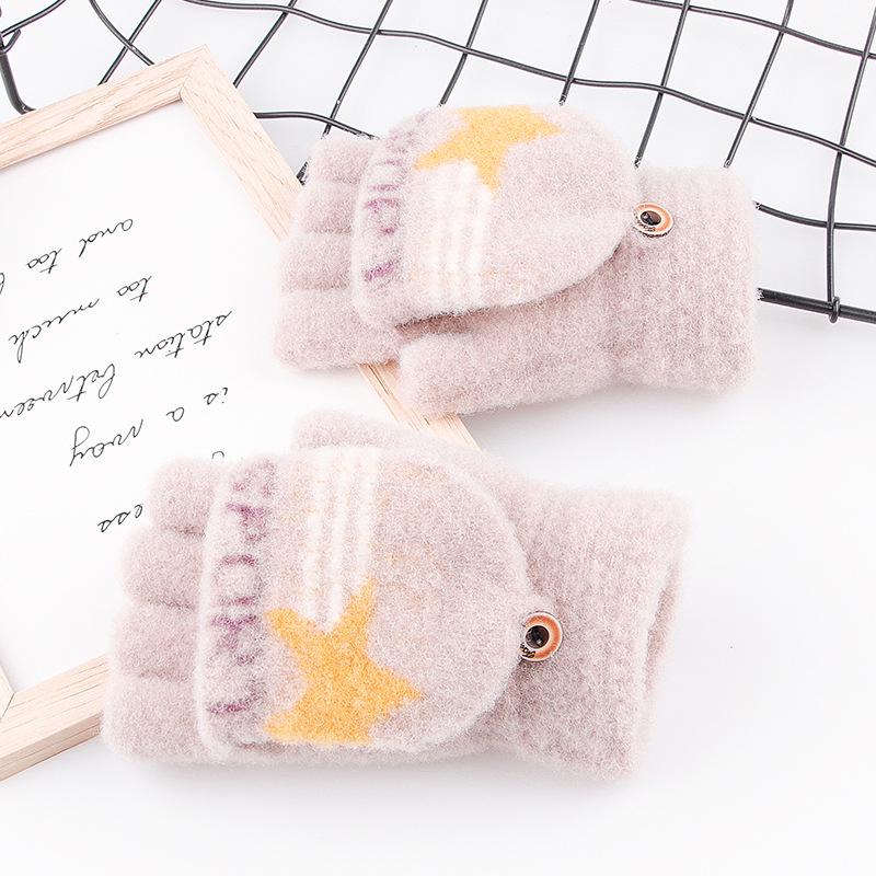 Детские зимние варежки без пальцев с мультяшным котенком - Теплые, милые, вязаные под кашемир для учеников начальной школы