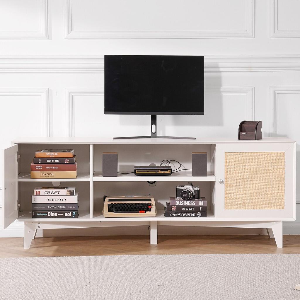 Rattan-TV-Ständer 191cm Fernseher Boho-TV-Schrank Weiß Fernsehschrank