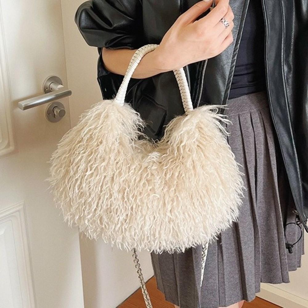 Woven Handle Shoulder Bag Metal Chain Handbag Casual Curly Faux Fur Crossbody Bag Winter